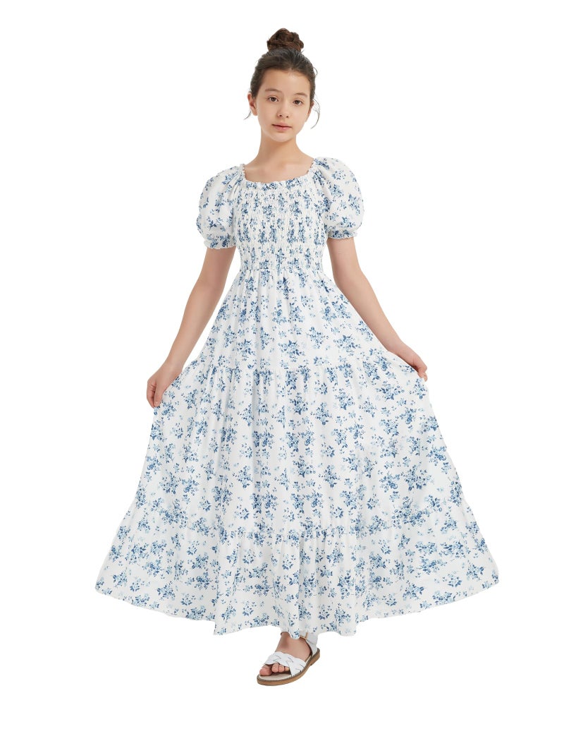 EXARUS Girls Maxi Long Flower Print Dress Smocked A-Line Teen Dresses Square Neck Short Puff Sleeve Spring Easter Tea Party Casual Elegant Floral Blue 7Y - Image 1