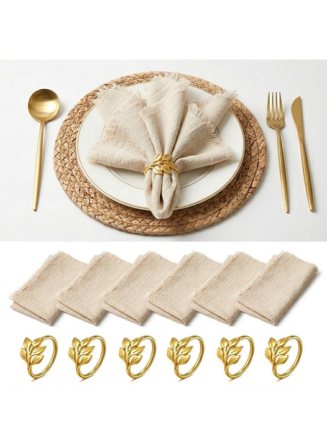12-Piece Luxury Dining Set - 6 Natural Linen Napkins with Frayed Edges & 6 Gold Leaf Napkin Rings - Elegant Table Decor for Weddings, Parties, and Daily Use - Image 1