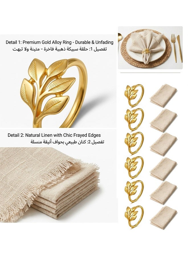 12-Piece Luxury Dining Set - 6 Natural Linen Napkins with Frayed Edges & 6 Gold Leaf Napkin Rings - Elegant Table Decor for Weddings, Parties, and Daily Use - Image 2