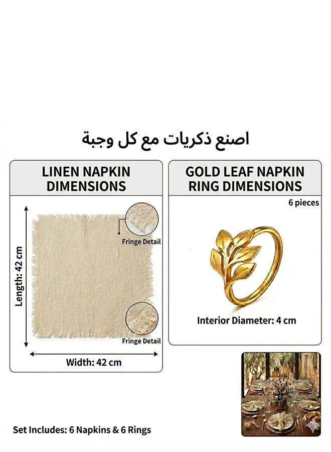 12-Piece Luxury Dining Set - 6 Natural Linen Napkins with Frayed Edges & 6 Gold Leaf Napkin Rings - Elegant Table Decor for Weddings, Parties, and Daily Use - Image 4