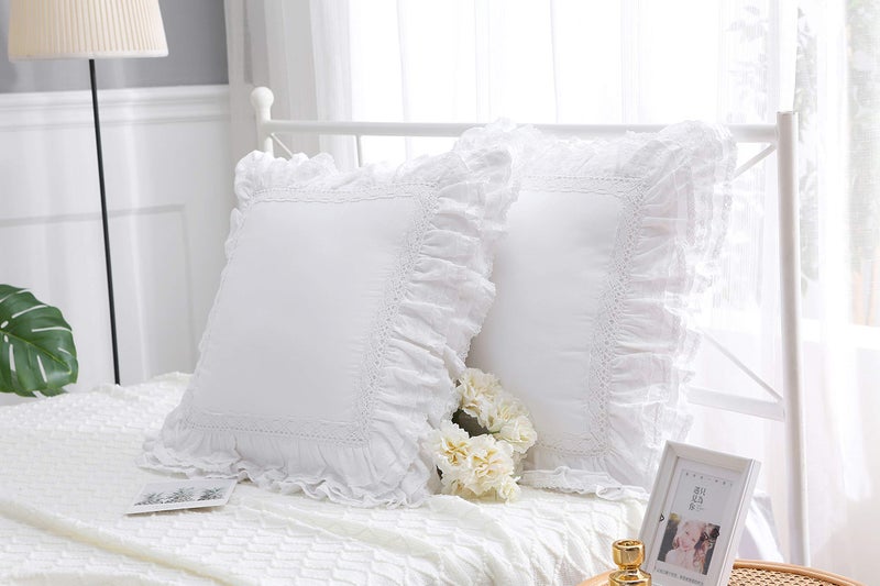 2Pack Luxury Lace White Euro Shams Throw Pillow Covers Cushion Cases with Ruffles Cotton 26X26 Zipper Closure Elegant