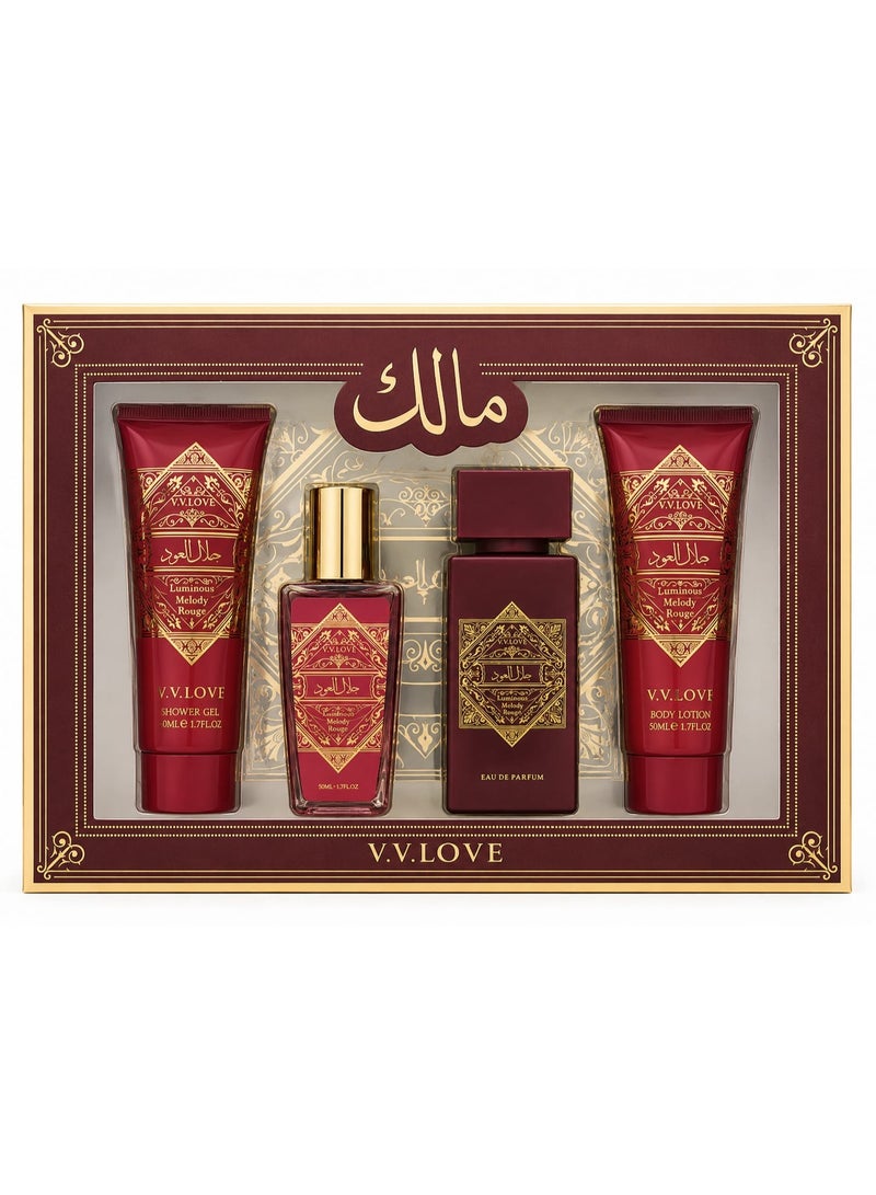 V.V.LOVE مجموعة عطر جلال العود Luminous Melody Rouge - أو دو بارفان، جل استحمام، لوشن للجسم