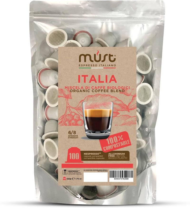 MUST 100 Coffee Capsules ITALIA Blend Single Origin, Compostable Capsules Compatible with Nespresso Machine, Recyclable - Home Compost, Made in Italy