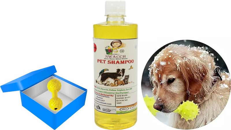 swacch Pet Shampoo + Dumbbell Toy I Durable Rubber Dog Toy for Chewing I Playing,Teeth Cleaning & Training Toy I Combo Pack I 500ml Lemon - Image 1