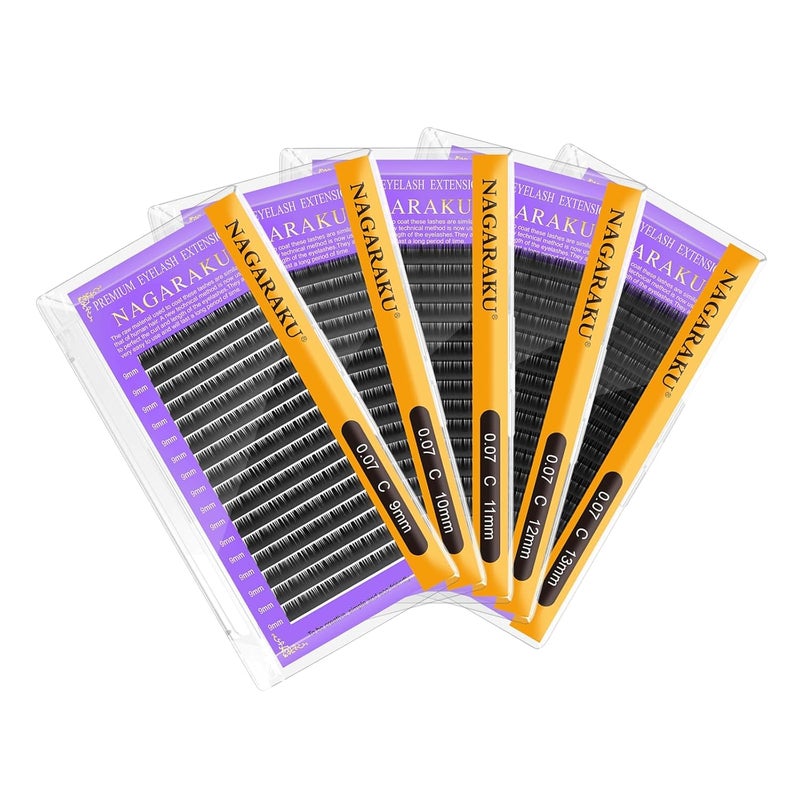 NAGARAKU 5 Trays Eyelash Extensions Individual Lashes 0.07mm C curl 9/10/11/12/13mm in 1 pack Classic Soft Natural Professional Faux Mink 16 rows - Image 1