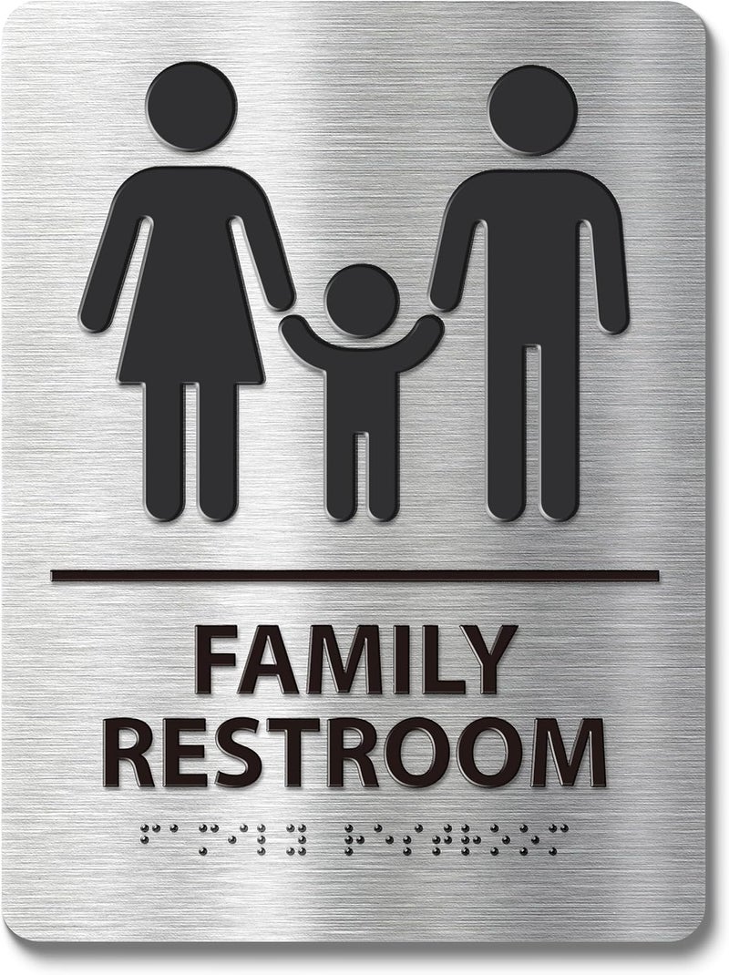 Abudada ADA-Compliant Family Restroom Sign with Braille – Modern Aluminum Bathroom Sign for Public Facilities, Airports, Malls, Restaurants, and Offices, Easy Installation - 6" W x 8" H - Image 1