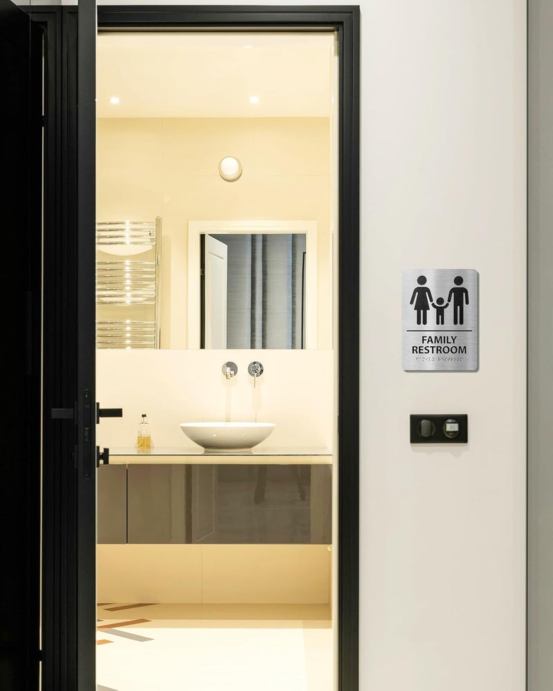 Abudada ADA-Compliant Family Restroom Sign with Braille – Modern Aluminum Bathroom Sign for Public Facilities, Airports, Malls, Restaurants, and Offices, Easy Installation - 6" W x 8" H - Image 5