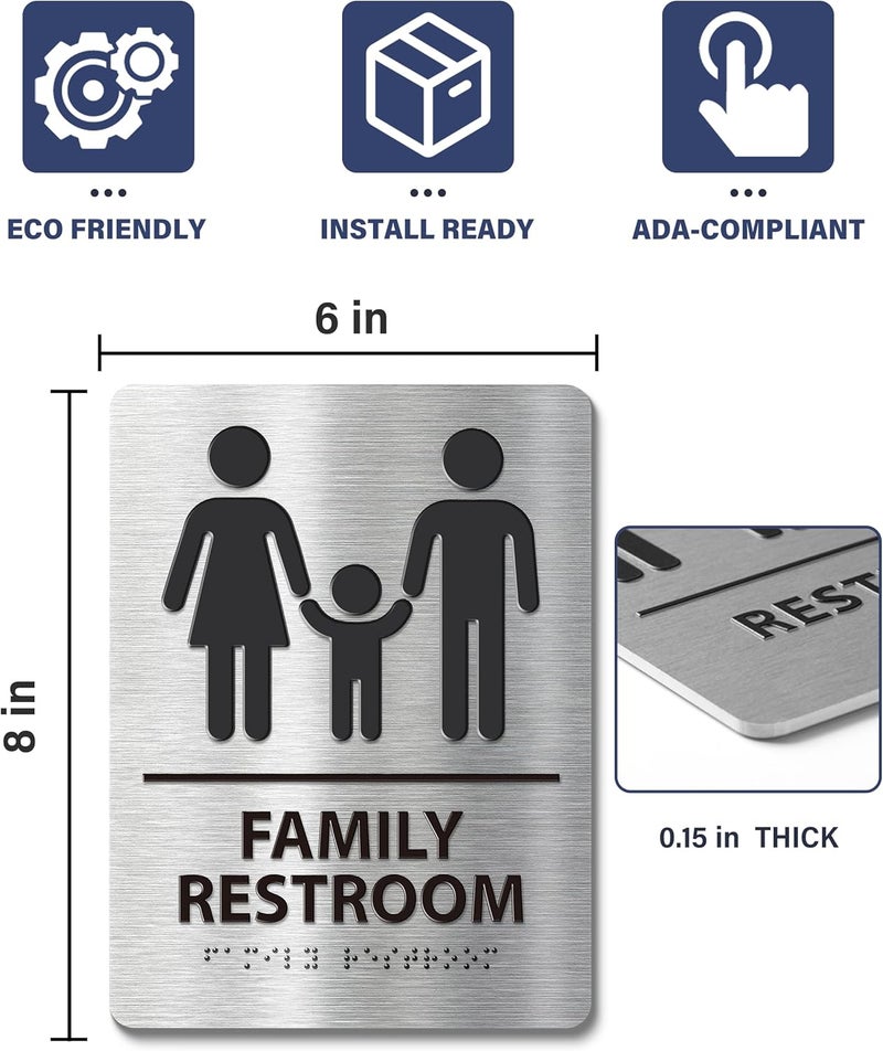 Abudada ADA-Compliant Family Restroom Sign with Braille – Modern Aluminum Bathroom Sign for Public Facilities, Airports, Malls, Restaurants, and Offices, Easy Installation - 6" W x 8" H - Image 2