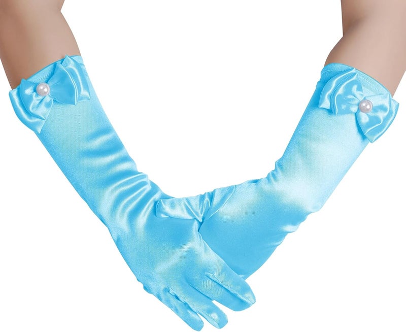 Yolyoo Girls Princess Gloves,Girl White Long Satin Princess Dress Up Diamonds Bows Gloves for Birthday,Wedding, Costume Party - Image 3