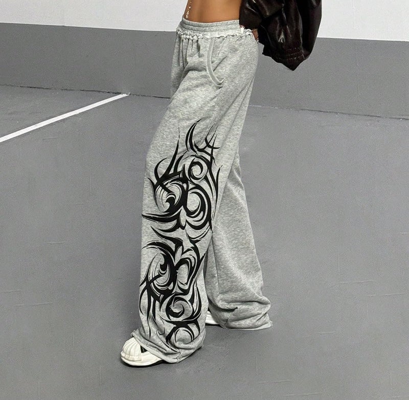 ZAFUL Womens Wide Leg Sweatpants Y2K Gothic Graffiti High Waisted Lounge Pants Athletic Joggers Pants with Pockets 1-Light Grey S - Image 3