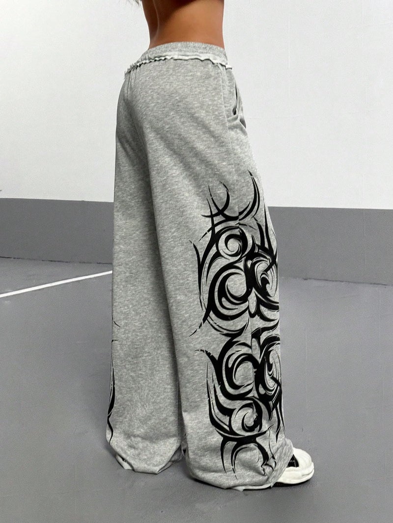 ZAFUL Womens Wide Leg Sweatpants Y2K Gothic Graffiti High Waisted Lounge Pants Athletic Joggers Pants with Pockets 1-Light Grey S - Image 2