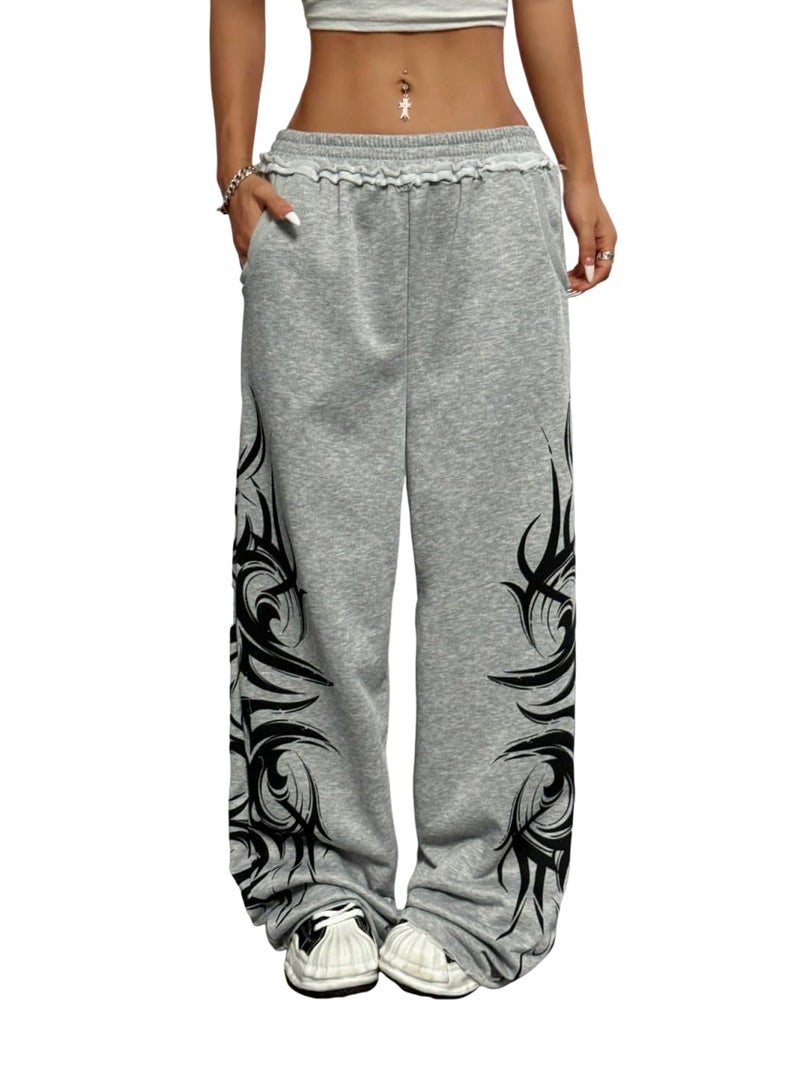 ZAFUL Womens Wide Leg Sweatpants Y2K Gothic Graffiti High Waisted Lounge Pants Athletic Joggers Pants with Pockets 1-Light Grey S - Image 1