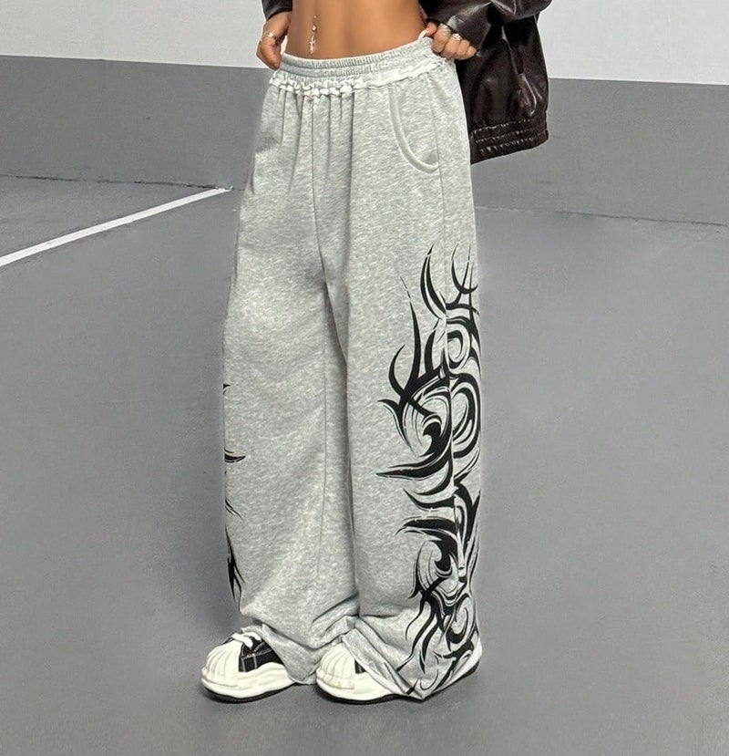 ZAFUL Womens Wide Leg Sweatpants Y2K Gothic Graffiti High Waisted Lounge Pants Athletic Joggers Pants with Pockets 1-Light Grey S - Image 4