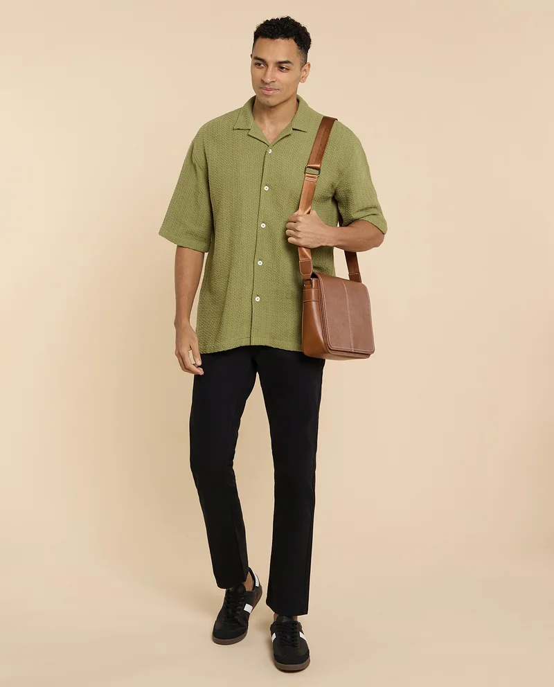 R&b Textured Shirt with Revere Collar and Short Sleeves