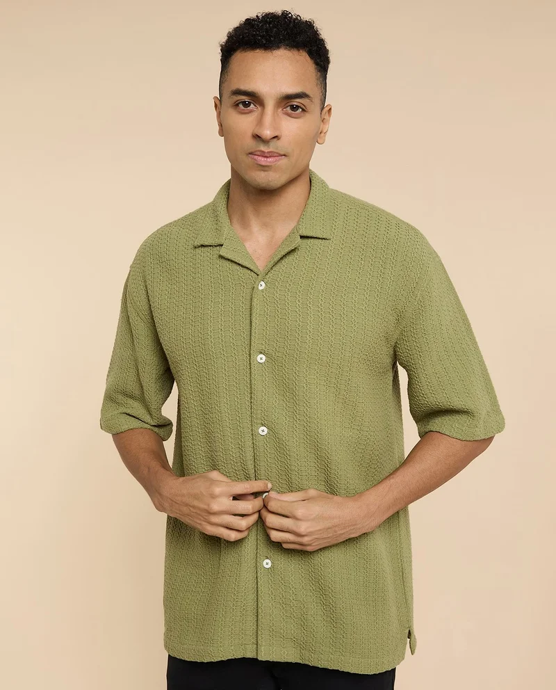 R&b Textured Shirt with Revere Collar and Short Sleeves
