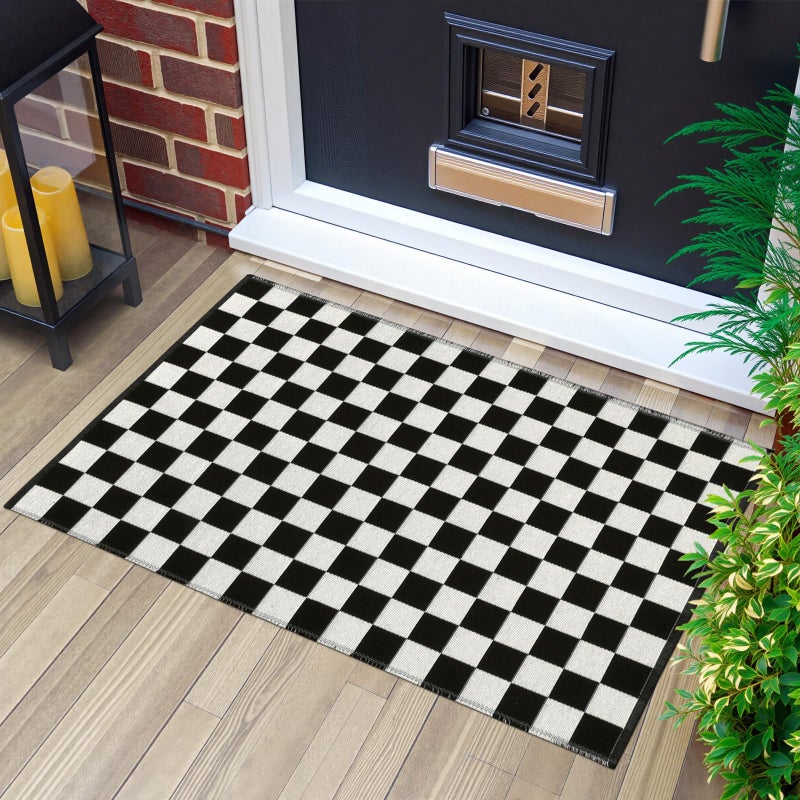 Seavish Checkered Rug, 2x3 Ft Black and White Moroccan Checkerboard Rug Washable Cotton Woven Washable Outdoor Rugs Reversible Floor Mat for Front Door Bedroom Entryway Kitchen Entryway - Image 2
