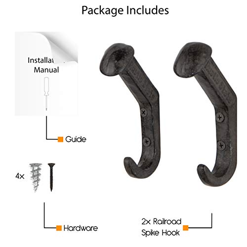 Rustic State Slack Wall Mount Cast Iron Hooks Coat Towel Bag Hat Hanger Multiuse Entryway Railroad Spike Rack Black Set of 2 - Image 5