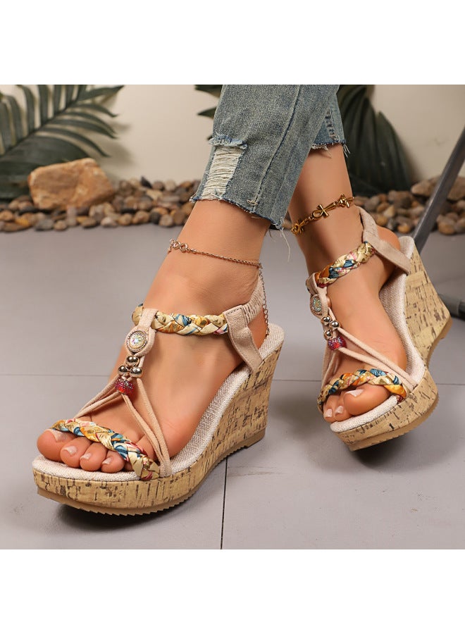 Plus-size Women's Sandals  New Fashion Open-toe Color-blocking Woven Elastic Strap Outdoor Wedge Thick-soled Sandals