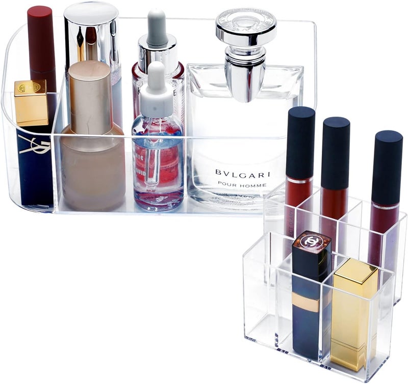 Ayswupt Clear Acrylic Small Makeup Organizer,Cosmetic Display Case Perfume Skincare Organizer,Bathroom Accessories Caddy Stand for Medicine Cabinet Vanity Dresser,Girls Bathroom Corner Bin Holder Tray - Image 1