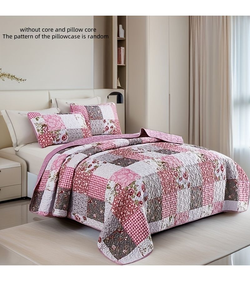 Pink Grey Twin Patchwork Quilted Bedspread Set Includes 2 Pillowcases - Image 1