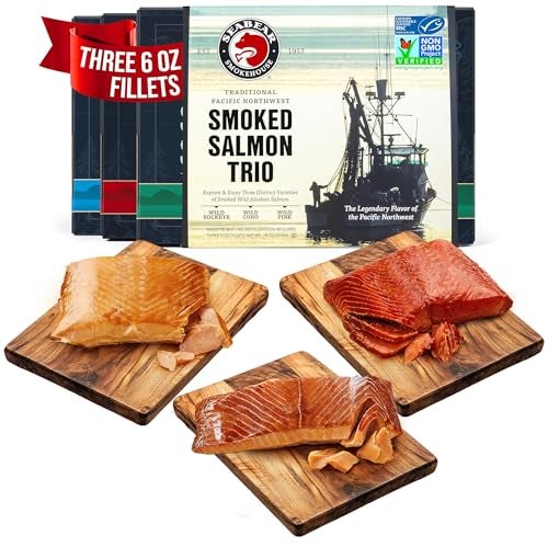 SeaBear Smoked Salmon Trio 18oz 3 x 6oz Fillets Gift Box  Wild Alaska Sockeye Wild Pink  Coho Fillets Shelf Stable Ready to Eat 18 Ounce 3 x 6 Ounce Filets - Image 1