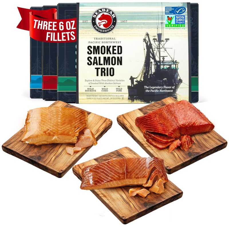 SeaBear Smoked Salmon Trio 18oz 3 x 6oz Fillets Gift Box  Wild Alaska Sockeye Wild Pink  Coho Fillets Shelf Stable Ready to Eat 18 Ounce 3 x 6 Ounce Filets - Image 3