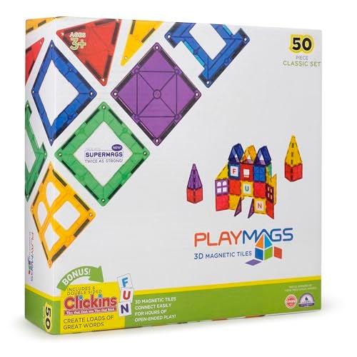 Playmags Magnetic Tiles Building Set 50 Pcs Set with Bonus Clickins Super Durable Magnet Blocks STEM Development Kids Building Toys for Boys Girls  Toddlers - Image 1