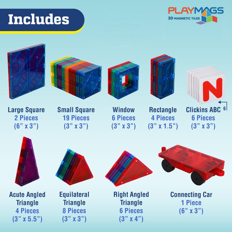 Playmags Magnetic Tiles Building Set 50 Pcs Set with Bonus Clickins Super Durable Magnet Blocks STEM Development Kids Building Toys for Boys Girls  Toddlers - Image 3