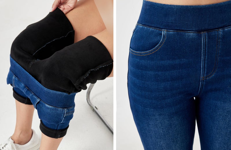 heipeiwa Women's Fleece Lined Jeans Winter Jeggings Thermal Flannel Lined Tummy Control High Waisted Pull on Skinny Jeans Classic Blue - Image 2
