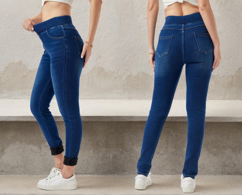 heipeiwa Women's Fleece Lined Jeans Winter Jeggings Thermal Flannel Lined Tummy Control High Waisted Pull on Skinny Jeans Classic Blue - Image 5