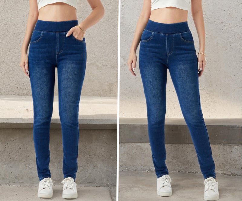 heipeiwa Women's Fleece Lined Jeans Winter Jeggings Thermal Flannel Lined Tummy Control High Waisted Pull on Skinny Jeans Classic Blue - Image 4