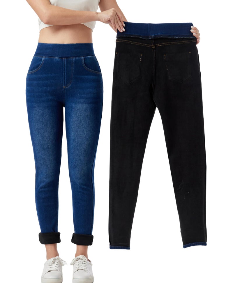 heipeiwa Women's Fleece Lined Jeans Winter Jeggings Thermal Flannel Lined Tummy Control High Waisted Pull on Skinny Jeans Classic Blue - Image 1