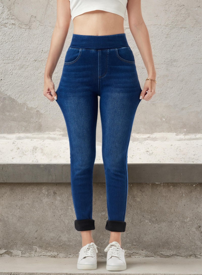 heipeiwa Women's Fleece Lined Jeans Winter Jeggings Thermal Flannel Lined Tummy Control High Waisted Pull on Skinny Jeans Classic Blue - Image 3