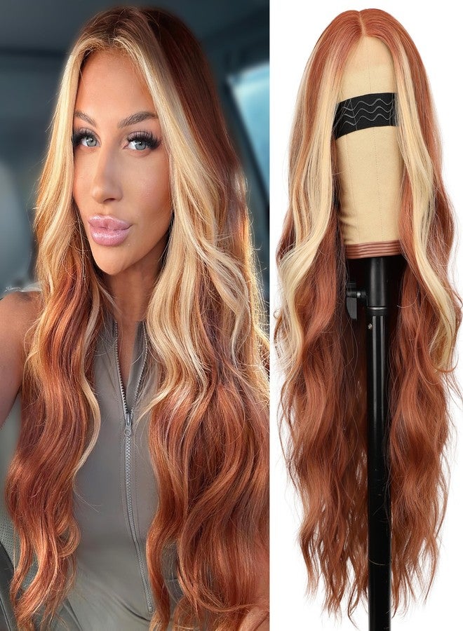 AISI HAIR Ginger Mixed Blonde Wig for Women, Long Wavy Lace Hairline Middle Part Synthetic Wig for Daily Party-26 Inch - Image 1