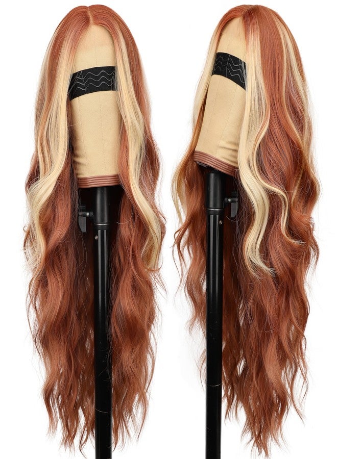 AISI HAIR Ginger Mixed Blonde Wig for Women, Long Wavy Lace Hairline Middle Part Synthetic Wig for Daily Party-26 Inch - Image 2