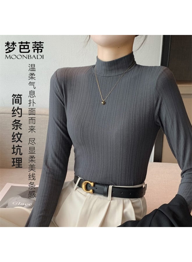 Moonbadi Women's Thin Autumn Seamless Solid Color High Elastic Slim Fit Long Sleeve Base Layer Top - Image 3