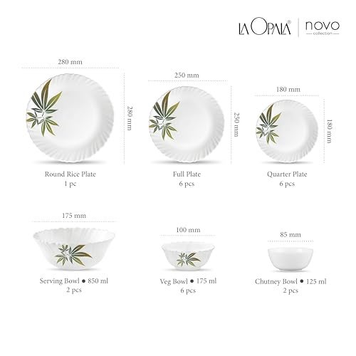 La Opala Novo Collection Opal Glass Crockery | for Family of 6 | Dinner Set 23 pcs Trinty Green | Plates & Bowls for Dining | Microwave Safe | 100% Vegetarian | Extra Strong | Light & White - Image 3