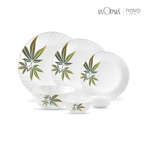 La Opala Novo Collection Opal Glass Crockery | for Family of 6 | Dinner Set 23 pcs Trinty Green | Plates & Bowls for Dining | Microwave Safe | 100% Vegetarian | Extra Strong | Light & White - Image 2