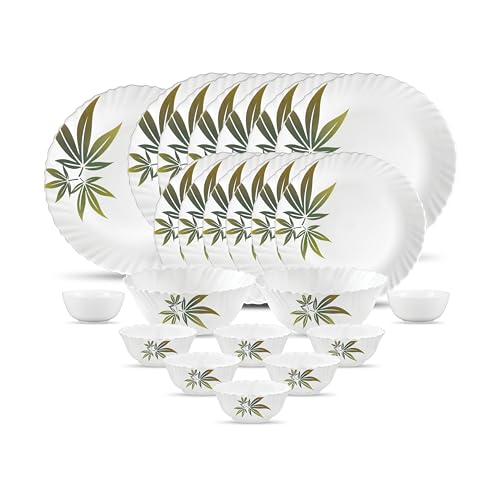 La Opala Novo Collection Opal Glass Crockery | for Family of 6 | Dinner Set 23 pcs Trinty Green | Plates & Bowls for Dining | Microwave Safe | 100% Vegetarian | Extra Strong | Light & White - Image 1