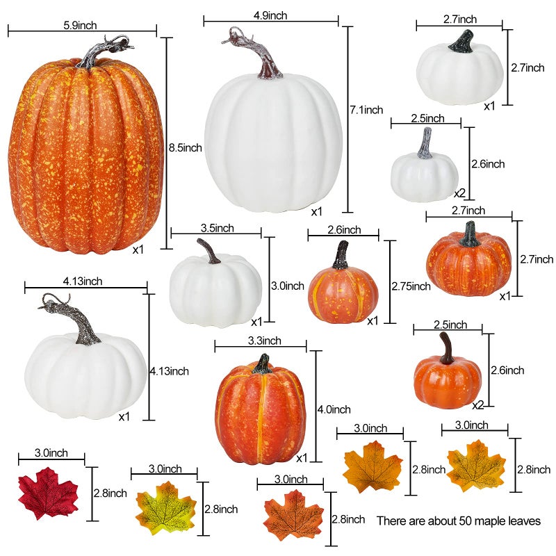 DearHouse DearHouse 12Pcs Thanksgiving Artificial Pumpkins Set Clearance  Fall Pumpkins with Maple Leaves for Autumn Thanksgiving Holiday Home Decor  - Image 4