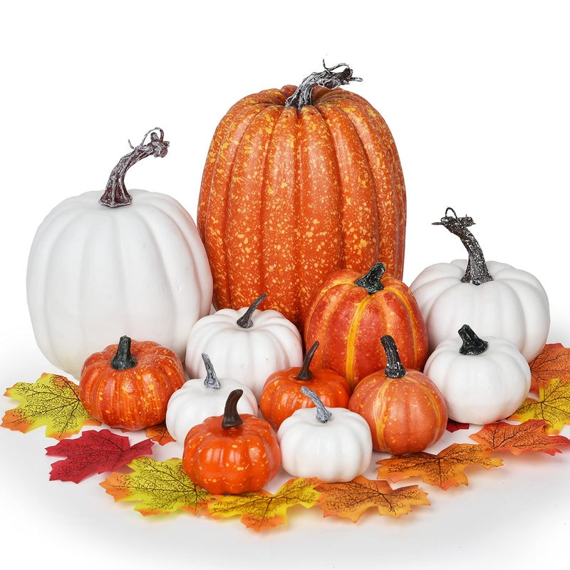 DearHouse DearHouse 12Pcs Thanksgiving Artificial Pumpkins Set Clearance  Fall Pumpkins with Maple Leaves for Autumn Thanksgiving Holiday Home Decor  - Image 1