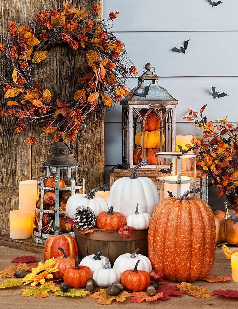 DearHouse DearHouse 12Pcs Thanksgiving Artificial Pumpkins Set Clearance  Fall Pumpkins with Maple Leaves for Autumn Thanksgiving Holiday Home Decor  - Image 2