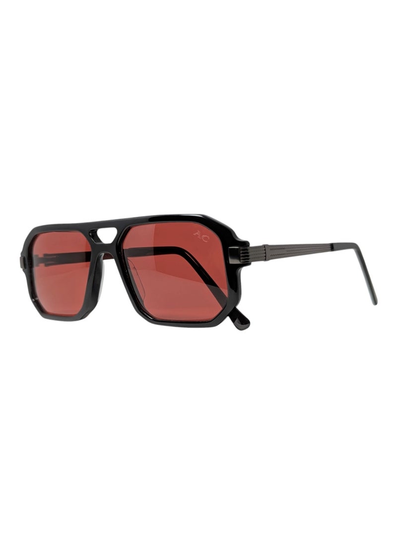 Armando Cavelli - Authentic Armando Cavalli sunglasses, crafted from carefully selected premium acetate for a luxurious look and longevity with extensive use. This model combines modernity and classic style, with a raw black acetate front and gunmetal -plated metal temples to complete your luxury look. Comes with premium polymer lenses offer UV400 protection in a burgundy. - Image 1
