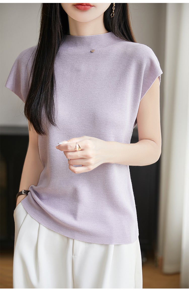 Summer Worsted Wool Flying Sleeve Self-Led Knitted Short-Sleeved T-Shirt Women'S Solid Color Sleeveless Top Base Half-High Collar - Image 1