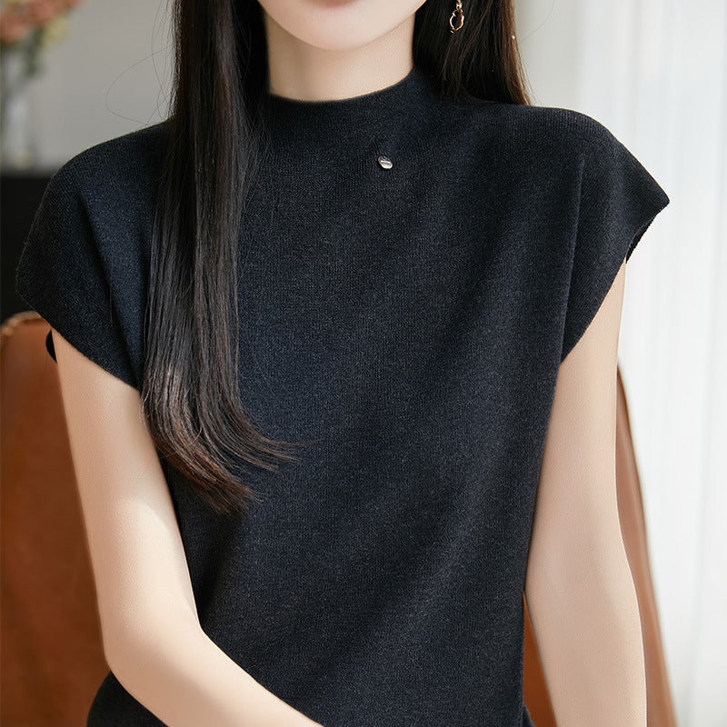 Summer Worsted Wool Flying Sleeve Self-Led Knitted Short-Sleeved T-Shirt Women'S Solid Color Sleeveless Top Base Half-High Collar - Image 5