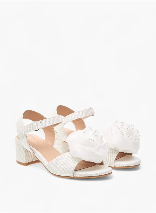 Celeste Girls Floral Applique Block Heel Sandals With Hook And Loop Closure