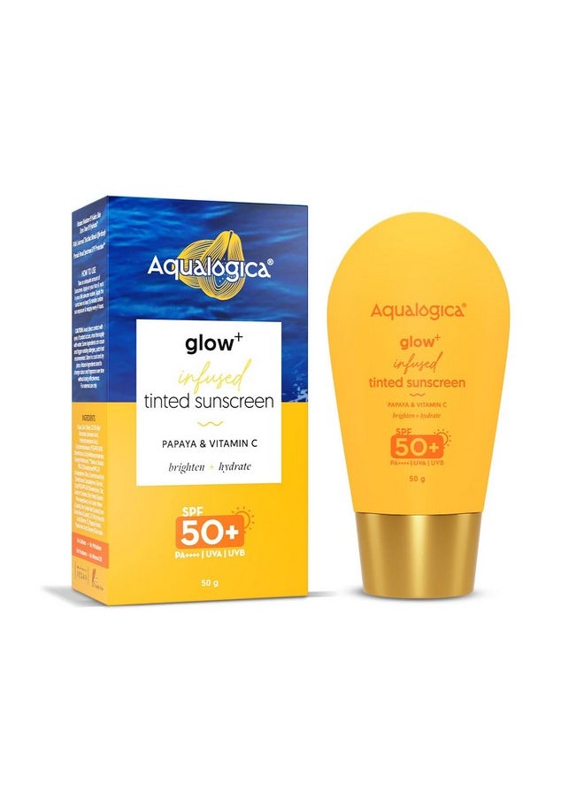 Aqualogica Glow+ Infused Tinted Sunscreen For All Skin Types Spf 50+ Pa++++ With Papaya & Vitamin C | Protection Against Uva/B | Universal Tint | For Glowing & Sun-Safe Skin | 50 Gm, Pack Of 1  - Image 1
