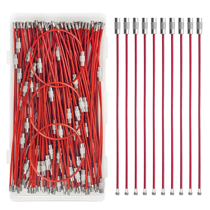 FZWONVUC 100Pcs Stainless Steel Wire Keychain Cable, 6.0 Inch Heavy Duty Connectable Key Ring Holder for Outdoor Hiking Travel Luggage Tag, Corrosion-Resistant Lightweight Multi-Use Wire Keychain (red) - Image 1