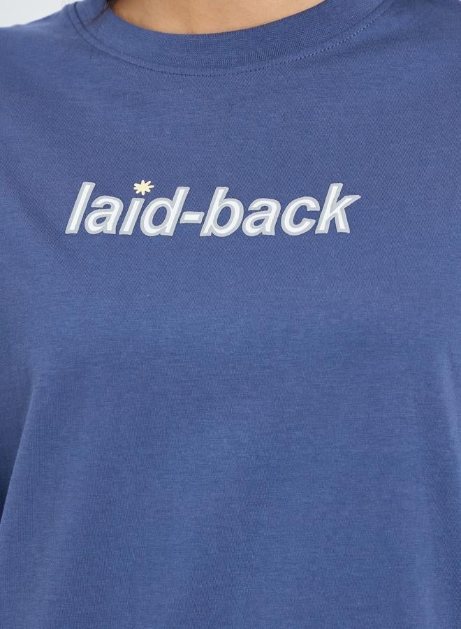 Styli Blue Laid-Back Front and Back Puff Print 100% Cotton Oversized T-Shirt - Image 4