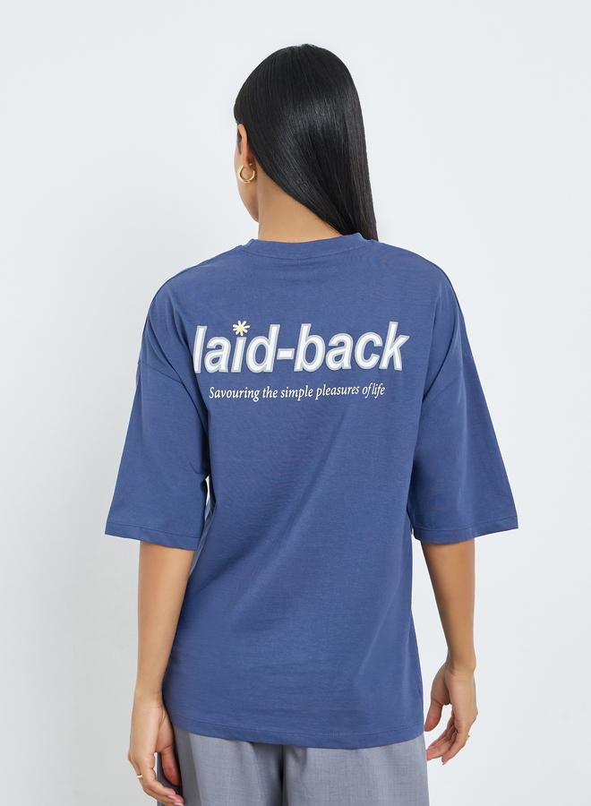 Styli Blue Laid-Back Front and Back Puff Print 100% Cotton Oversized T-Shirt - Image 5